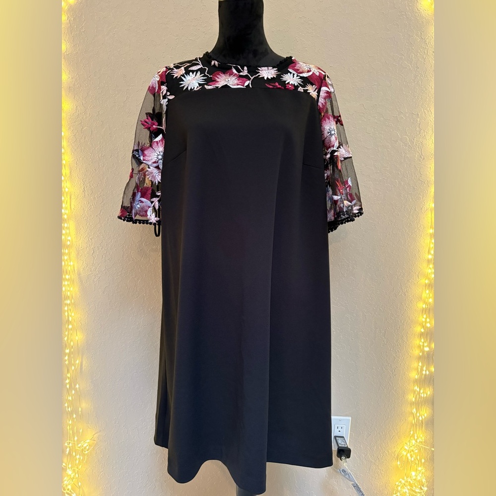 Black Floral-Accent Shift Dress